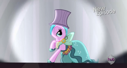 Size: 571x309 | Tagged: safe, derpibooru import, screencap, rarity takes manehattan, background pony, hotel chic, hub logo, solo