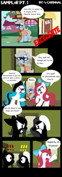 Size: 678x1920 | Tagged: safe, artist:4-cardinal, derpibooru import, oc, oc only, oc:sampler switch, earth pony, pony, unicorn, bow, clothes, comic, female, glasses, hair bow, mare, saddle bag, scarf, smoothie, spanish