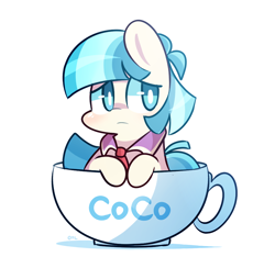 Size: 900x880 | Tagged: safe, artist:php56, derpibooru import, coco pommel, earth pony, pony, rarity takes manehattan, chibi, cocobetes, cup of pony, cute, pun, simple background, solo, teacup, visual pun, white background