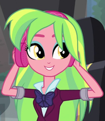 Size: 429x492 | Tagged: safe, screencap, lemon zest, equestria girls, friendship games, clothes, crystal prep academy uniform, headphones, school uniform, smiling, solo