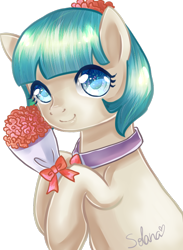 Size: 550x750 | Tagged: safe, artist:solanapple, derpibooru import, coco pommel, pony, rarity takes manehattan, cocobetes, colored pupils, cute, flower, hoof hold, simple background, solo, transparent background