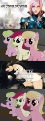 Size: 490x1305 | Tagged: safe, daisy, flower wishes, lily, lily valley, roseluck, agnes oblige, bravely default, exploitable meme, final fantasy, flower trio, meme, reaction guys, reaction ponies, square enix