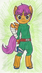 Size: 609x1053 | Tagged: safe, artist:godsonvacation, derpibooru import, scootaloo, naruto, rock lee, solo, traditional art