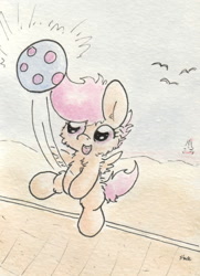 Size: 675x934 | Tagged: safe, artist:slightlyshade, scootaloo, ball, happy, solo, traditional art