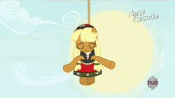 Size: 576x324 | Tagged: safe, derpibooru import, screencap, earth pony, pony, rarity takes manehattan, animated, clothes, d:, dress, eyes closed, female, hinny, hinny of the hills, hub logo, hubble, mare, open mouth, rope, singing, solo, sun, suspended, the hub, tongue out, underhoof, uvula