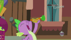 Size: 570x321 | Tagged: safe, derpibooru import, screencap, spike, bird, dragon, pony, rarity takes manehattan, aerial view, animated, background pony, carrot dog, city, cityscape, hub logo, male, manehattan, simpsons did it, spikeabuse, stadium, taxi, taxi pony, the simpsons, unnamed pony, zoom out