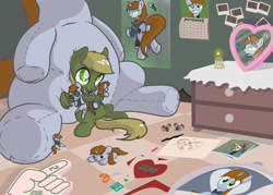 Size: 1058x756 | Tagged: safe, artist:brisineo, derpibooru import, oc, oc only, oc:homage, oc:littlepip, oc:murky, pegasus, pony, unicorn, fallout equestria, fallout equestria: murky number seven, calendar, candle, clothes, drawing, fanfic, fanfic art, female, foam finger, glowing horn, gun, handgun, heart, hooves, horn, levitation, little macintosh, magazine, magic, male, mare, obsessed dash memes, obsession, optical sight, pillow, pipbuck, plot, plushie, poster, revolver, shrine, smiling, solo, stallion, teeth, telekinesis, toy, vault suit, weapon, wings