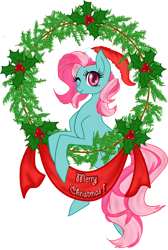 Size: 957x1422 | Tagged: safe, artist:mlpazureglow, derpibooru import, minty, g3, christmas, g3 to g4, generation leap, holly, merry christmas, solo, wink, wreath