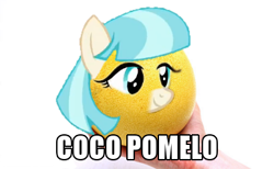 Size: 386x238 | Tagged: safe, derpibooru import, coco pommel, rarity takes manehattan, coco pomelo, fruit, image macro, meme, pomelo, pun