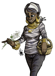 Size: 700x956 | Tagged: safe, artist:theartrix, derpibooru import, zecora, human, alternate hairstyle, basket, clothes, dark skin, flower, humanized, simple background, solo, sweater, transparent background