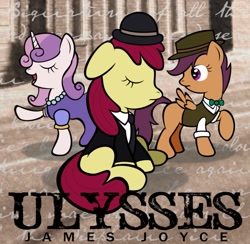 Size: 905x882 | Tagged: safe, artist:xylophon, apple bloom, scootaloo, sweetie belle, book, clothes, cutie mark crusaders, hat, james joyce, ulysses