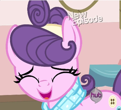 Size: 387x352 | Tagged: safe, derpibooru import, screencap, suri polomare, rarity takes manehattan, hub logo, hubble, laughingmares.jpg, solo