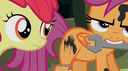 Size: 640x355 | Tagged: safe, derpibooru import, screencap, apple bloom, scootaloo, meme, youtube caption