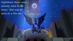 Size: 1280x720 | Tagged: safe, edit, edited screencap, screencap, nightmare moon, princess twilight sparkle (episode), conspiracy, conspiracy theory, eclipse, headcanon, insane pony thread, laughing, moon, moon landing, moon landing hoax, solo