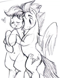 Size: 1172x1516 | Tagged: safe, artist:hoodoo, derpibooru import, braeburn, soarin', belly button, cuddling, gay, heart, male, monochrome, shipping, sketch, snuggling, soarburn