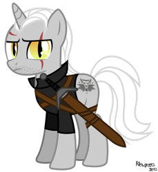 Size: 600x656 | Tagged: safe, artist:kiowa213, derpibooru import, beard, clothes, crossover, geralt of rivia, ponified, scarf, solo, sword, the witcher