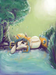 Size: 1200x1600 | Tagged: safe, artist:maexis, derpibooru import, oc, oc only, calico koi, pond, solo, tree, water