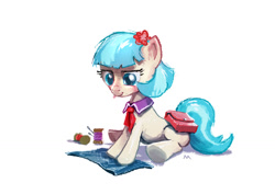 Size: 1158x818 | Tagged: safe, artist:cmaggot, derpibooru import, coco pommel, earth pony, pony, rarity takes manehattan, female, mare, needle, saddle bag, sewing, solo, thread