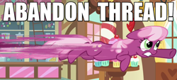 Size: 1000x450 | Tagged: safe, edit, edited screencap, screencap, cheerilee, hearts and hooves day (episode), abandon thread, caption, flying, hearts and hooves day, image macro, reaction image, solo, sugarcube corner