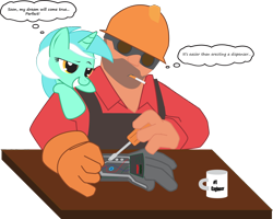 Size: 3730x2991 | Tagged: safe, artist:hoodie-stalker, derpibooru import, lyra heartstrings, human, pony, unicorn, engineer, gloves, gunslinger (tf2), team fortress 2