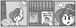 Size: 1280x470 | Tagged: safe, artist:tjpones, edit, editor:dsp2003, oc, oc only, oc:brownie bun, fly, brownie's book, comic, exploitable meme, fart joke, grayscale, library, meme, monochrome