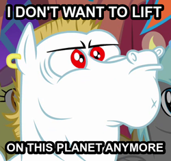 Size: 418x393 | Tagged: safe, derpibooru import, bulk biceps, crossing the memes, do you even lift, futurama, i don't want to live on this planet anymore, image macro, meme, pun, reaction image