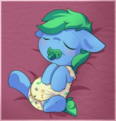 Size: 385x400 | Tagged: safe, artist:cuddlehooves, derpibooru import, oc, oc only, oc:bonded friendship, pony, baby, baby pony, diaper, onesie, pacifier, poofy diaper, solo