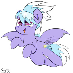 Size: 894x894 | Tagged: safe, artist:softkityonfire, derpibooru import, cloudchaser, flying, smiling, solo