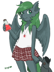 Size: 500x673 | Tagged: dead source, safe, artist:the-rasp-b, derpibooru import, oc, oc only, anthro, pegasus, amulet, anthro oc, clothes, dawn, doll, erlenmeyer flask, female, flask, necklace, plushie, potion, skirt, solo, torn ear, voodoo doll, witch doctor