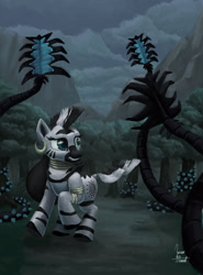 Size: 1224x1650 | Tagged: safe, artist:zevironmoniroth, derpibooru import, zecora, zebra, princess twilight sparkle (episode), bag, black vine, everfree forest, poison vine, solo