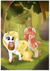 Size: 1024x1448 | Tagged: safe, artist:fikakorv, derpibooru import, oc, oc only, oc:cobalt tangle, oc:rudy redhead, butterfly, rabbit, basket, flower, forest, mouth hold