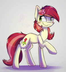 Size: 1528x1649 | Tagged: safe, artist:suplolnope, roseluck, :3, blushing, flower, fluffy, raised hoof, smiling, solo