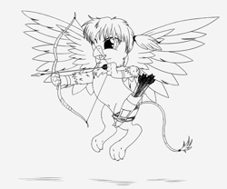 Size: 979x816 | Tagged: safe, artist:stinkehund, derpibooru import, oc, oc only, griffon, arrow, bow (weapon), bow and arrow, female, monochrome, solo, weapon