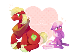 Size: 1280x908 | Tagged: safe, artist:princessmisery, derpibooru import, big macintosh, cheerilee, earth pony, pony, blushing, cheerimac, heart, male, shipping, stallion, straight