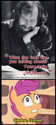 Size: 358x801 | Tagged: safe, derpibooru import, scootaloo, carpet diem, forced meme, goodbye fillyhood, gravity falls, jim henson, meme, reaction image, the cube, the muppets, vulgar