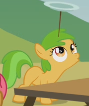 Size: 179x213 | Tagged: safe, derpibooru import, screencap, earth pony, pony, apple family reunion, apple family member, apple squash, background pony, cropped, filly, foal, looking up, plate spinning, solo, solo focus