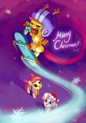 Size: 700x994 | Tagged: safe, artist:amy30535, derpibooru import, apple bloom, scootaloo, sweetie belle, reindeer, antlers, christmas, clothes, costume, cutie mark crusaders, hat, red nose, rudolph, rudolph the red nosed reindeer, santa hat, scooter, snow, snowfall, snowflake, trail