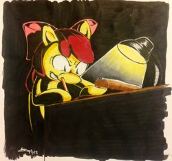 Size: 1024x953 | Tagged: safe, artist:maikeruto, derpibooru import, apple bloom, dark, solo, studying, traditional art, writing