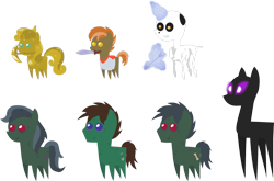 Size: 1515x998 | Tagged: safe, artist:zacatron94, derpibooru import, button mash, sweetie belle, pony, undead, zombie, zombie pony, arrow, bow (weapon), bow and arrow, don't mine at night, enderman, endermare, enderpony, glowing eyes, glowing horn, jananimations, magic, minecraft, mouth hold, pack, pickaxe, pointy ponies, simple background, skeleton, sweetie gold, sword, telekinesis, transparent background, weapon, zombie jan