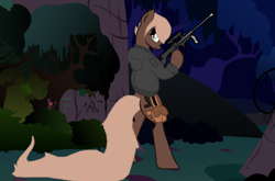 Size: 1024x674 | Tagged: safe, artist:sosaidatruthandblood, derpibooru import, oc, oc only, pony, bipedal, gun, solo