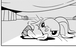 Size: 506x314 | Tagged: safe, artist:sung and ama, derpibooru import, angel bunny, just for sidekicks, angel is a bunny bastard, monochrome, scene interpretation, single panel, solo