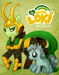 Size: 550x700 | Tagged: safe, artist:whinges, avengers, crossover, loki, norse mythology, ponified, sleipnir, thor