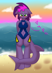 Size: 2893x4092 | Tagged: safe, artist:scramjet747, oc, oc only, oc:mayday mayday, anthro, original species, shark pony, anthro oc, beach, belly button, breasts, clothes, female, navel cutout, one-piece swimsuit, solo, swimsuit