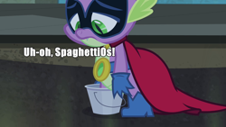 Size: 768x432 | Tagged: safe, derpibooru import, humdrum, spike, dragon, power ponies (episode), bucket, image macro, power ponies, solo, the simpsons