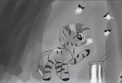 Size: 2100x1424 | Tagged: safe, artist:owlvortex, zecora, moth, zebra, monochrome, solo, younger