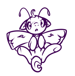 Size: 600x606 | Tagged: safe, artist:inlucidreverie, derpibooru import, oc, oc only, mothpony, original species, antennae, foal, monochrome, moth pony general, on back, solo, wings