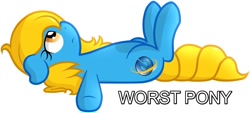 Size: 1280x577 | Tagged: safe, artist:furrgroup, derpibooru import, edit, oc, oc only, oc:internet explorer, browser ponies, floppy ears, frown, internet explorer, internet explorer drama, on back, sad, solo, text, worst pony