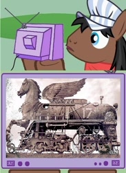 Size: 440x600 | Tagged: safe, derpibooru import, full steam, promontory, exploitable meme, meme, obligatory pony, train, tv meme