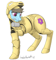 Size: 1280x1383 | Tagged: safe, artist:hobbsmeerkat, derpibooru import, beauty brass, armor, brassmare, iron man, iron mare, parody, powered exoskeleton, solo