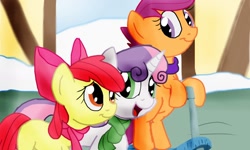 Size: 1024x616 | Tagged: safe, artist:biosonic100, derpibooru import, apple bloom, scootaloo, sweetie belle, clothes, cutie mark crusaders, scarf, scooter, snow